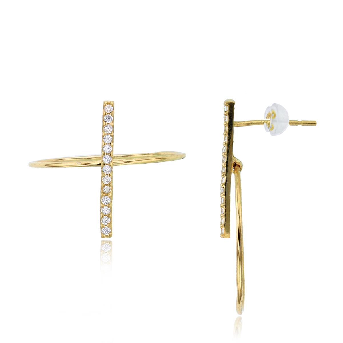 14K Yellow Gold Rnd CZ Bar on High Polished Circle Earrings with Silicone Backs
