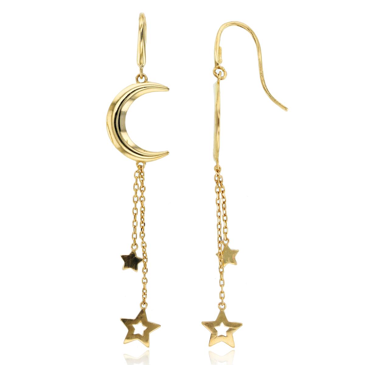 14K Yellow Gold Moon with Stars Dangling Earrings