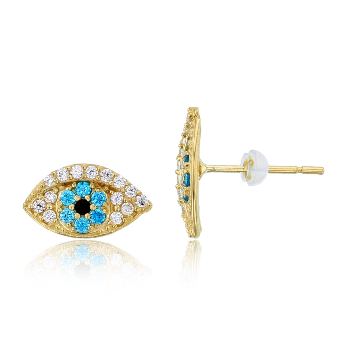 14K Yellow Gold Rnd Multicolor CZ Evil Eyes Studs with Silicon Backs