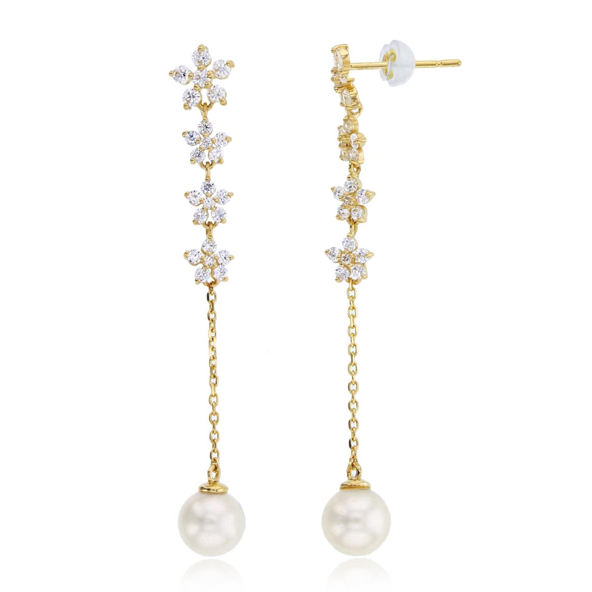14K Yellow Gold Rnd CZ Graduated Flowers & 5mm Rnd Fresh Water Pearl Dangling on Chain Earrings