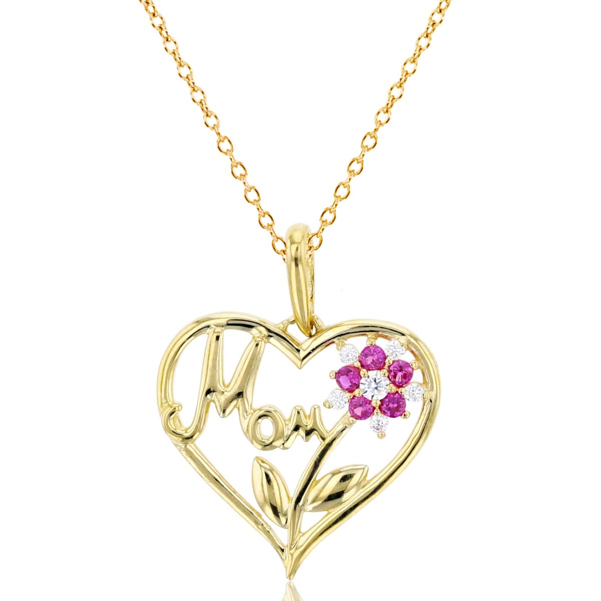 14K Yellow Gold Rnd White & Ruby CZ "MOM"/Flower in Heart 18"Necklace