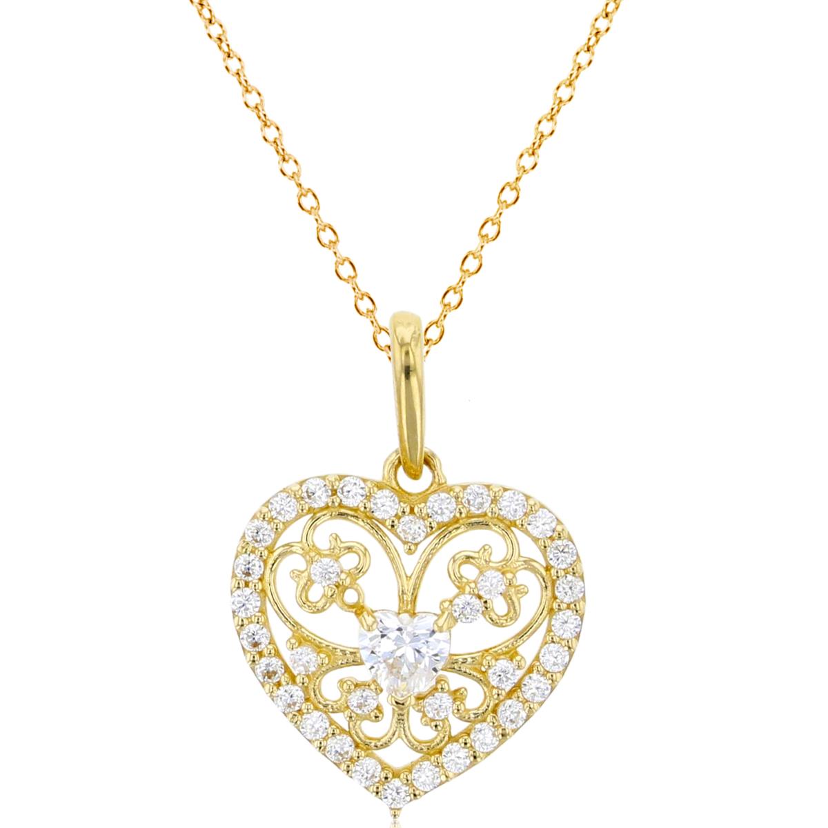 14K Yellow Gold Rnd & HS CZ Ornament Heart 18"Necklace