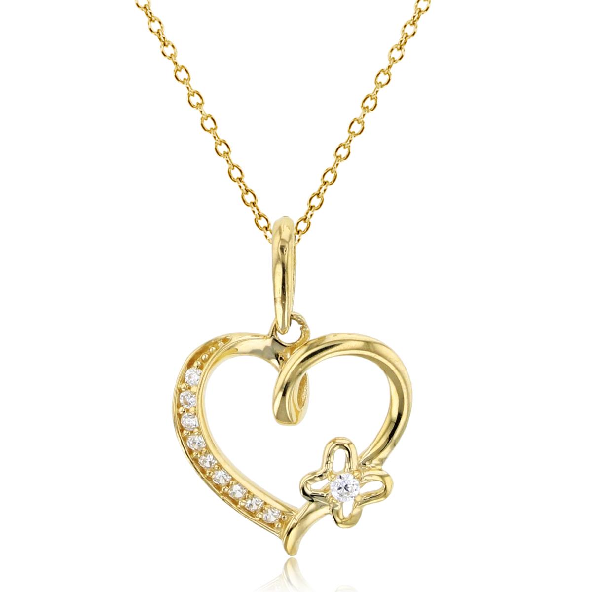 14K Yellow Gold Rnd CZ Open Heart with Flower 18"Necklace