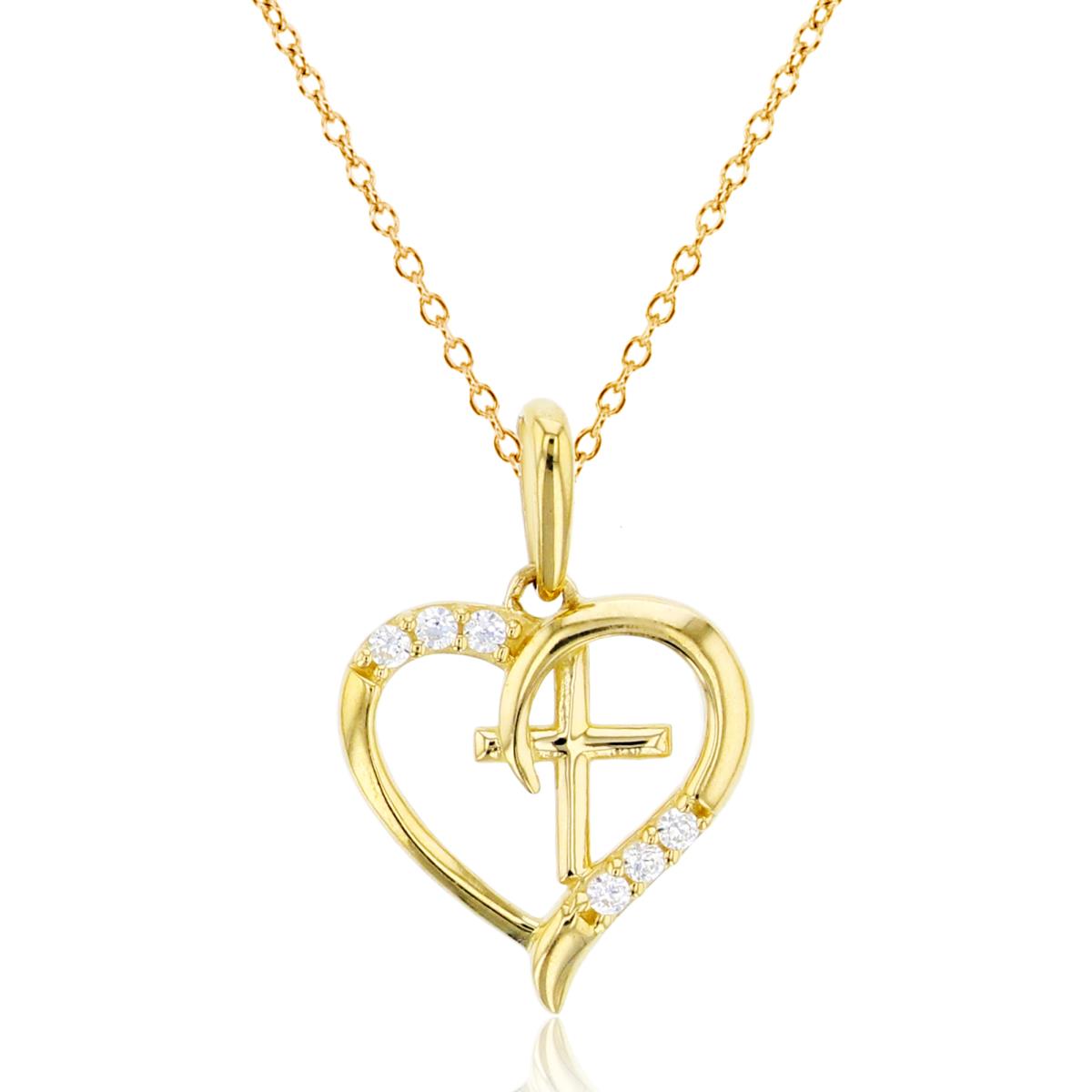 14K Yellow Gold Rnd CZ Open Heart with Cross 18"Necklace