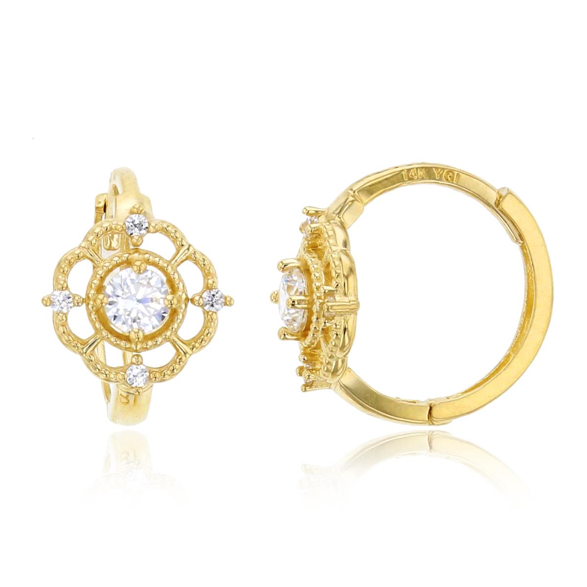 10K Yellow Gold 3mm Rnd CZ Center Milgrain Frame on Huggie Earring