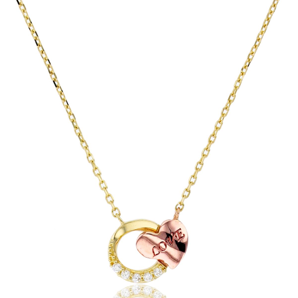 14K Two-Tone Gold Rnd CZ Open Circle & High Polished"Love" Heart 16"+2"Necklace