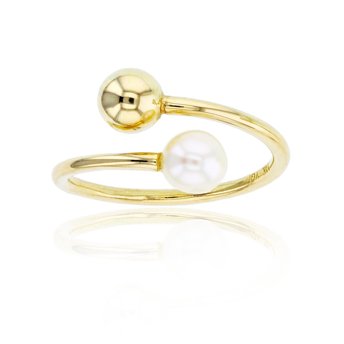 14K Yellow Gold 5mm Rnd Fresh Water Pearl & 5mm Bead Bypass Open Ring