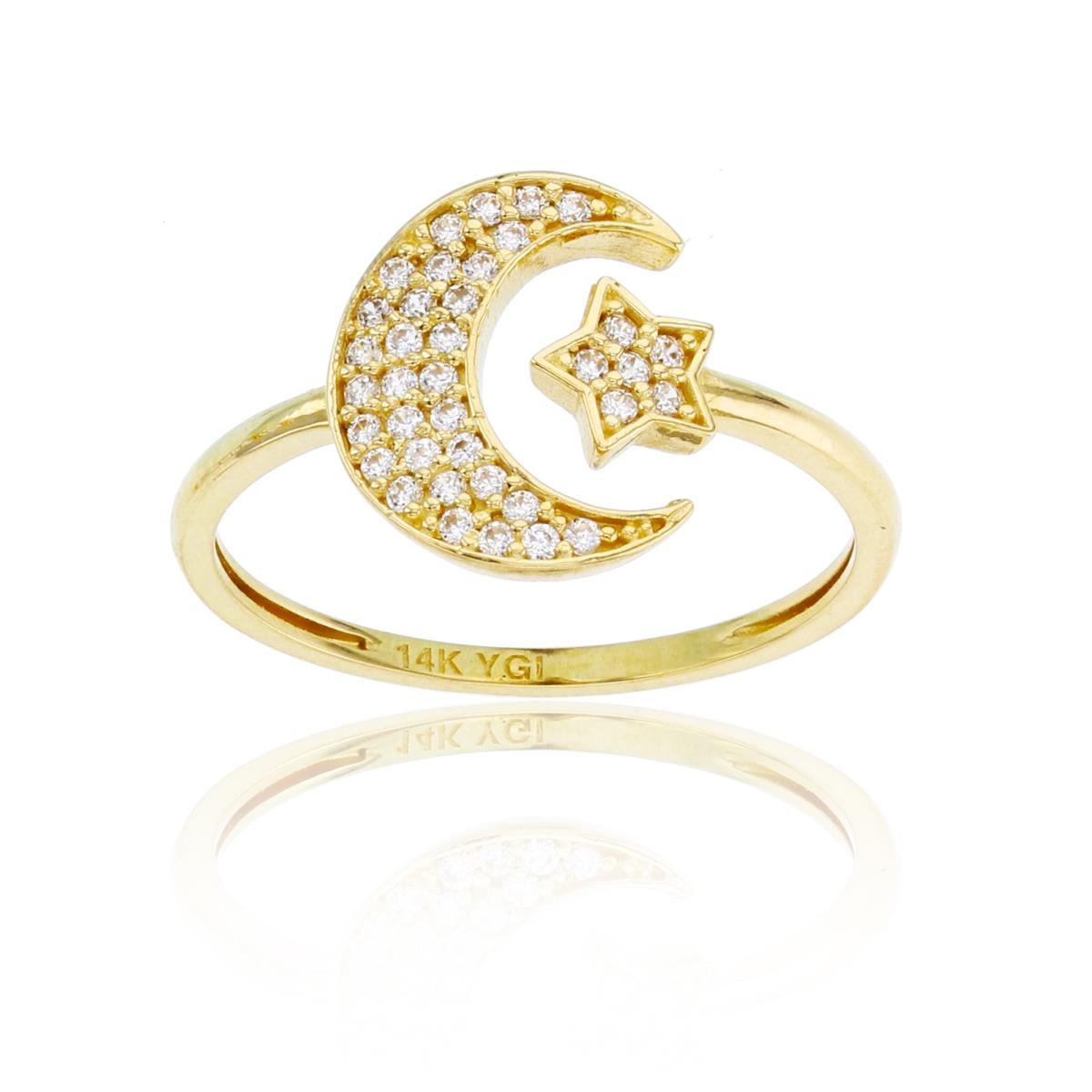 14K Yellow Gold Rnd CZ Micropave Moon/Star Open Ring