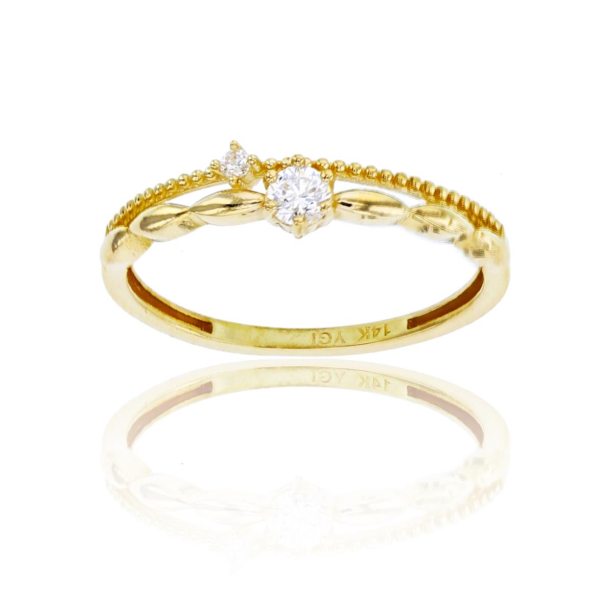 14K Yellow Gold Rnd CZ on High Polished & Textured 2-Rows Band