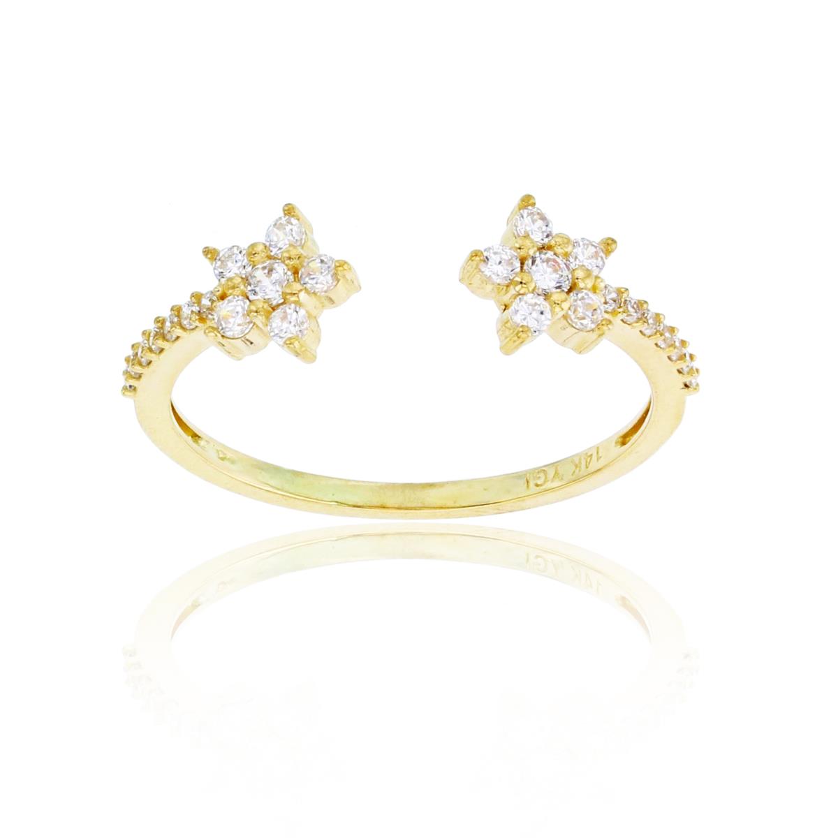 14K Yellow Gold Rnd CZ Flowers on Sides Open Ring