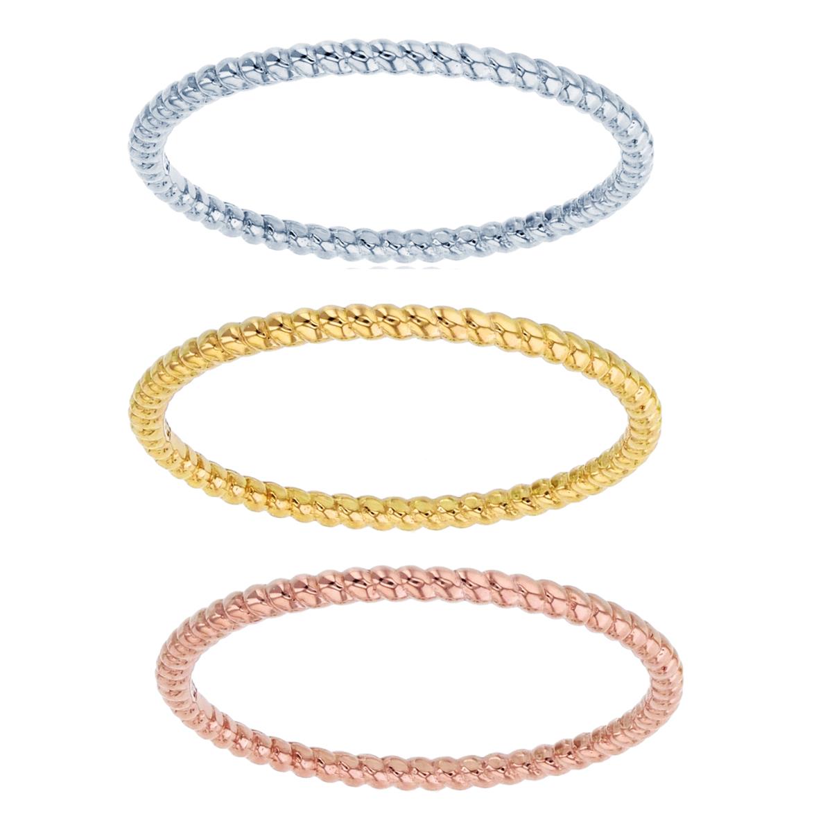 14K Tricolor Gold Spring Textured 3-Bands Set 