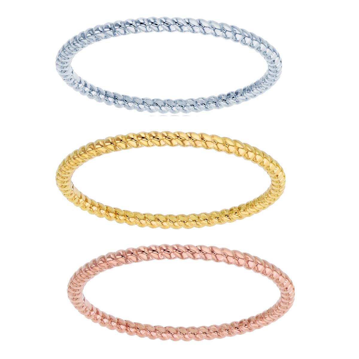 14K Tricolor Gold Spring Textured 3-Bands Set 