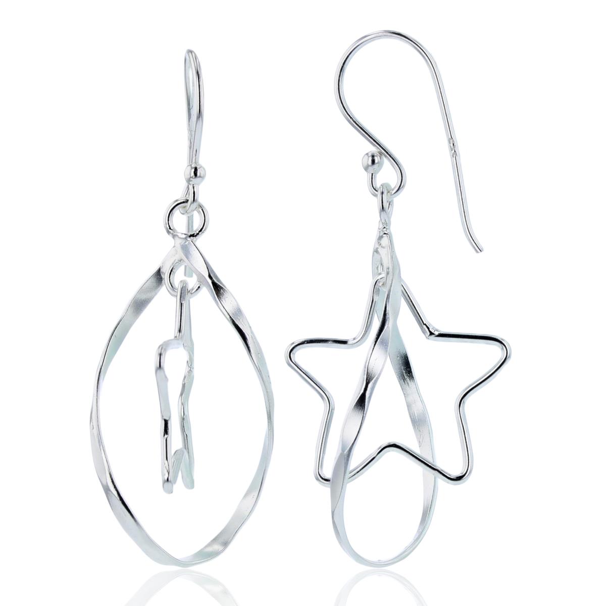 Sterling Silver Plated Open Oval & Star Dangling Earrings