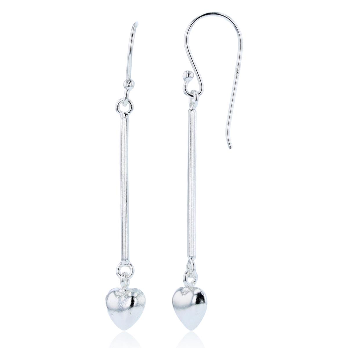Sterling Silver Plated Bar with Dangling Puffy Heart Earrings