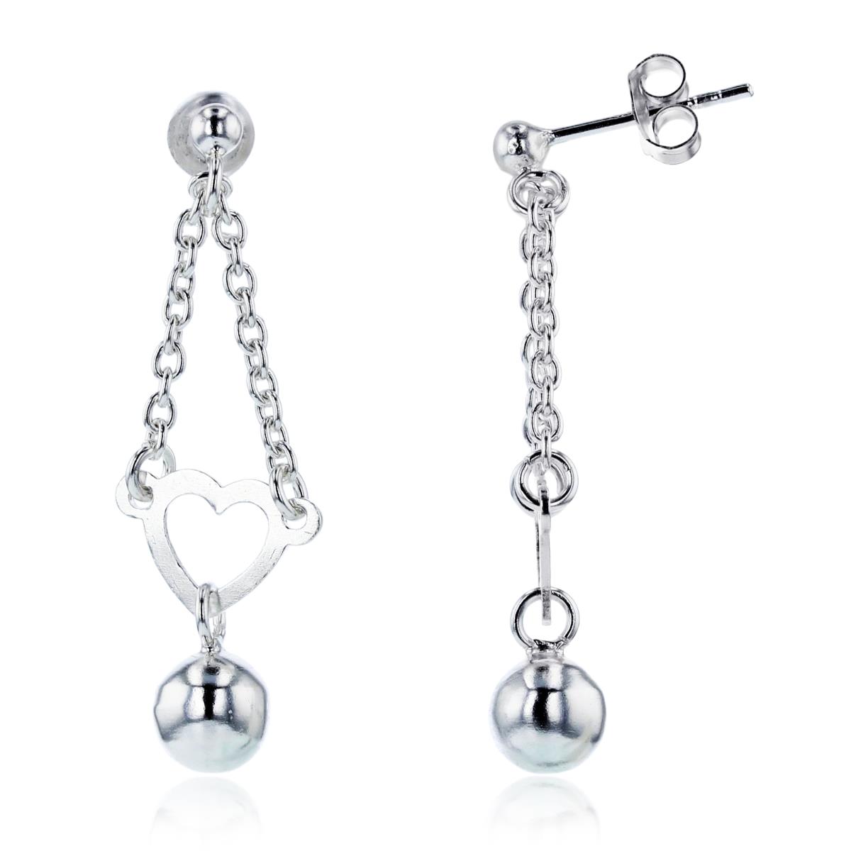 Sterling Silver Plated Open Heart with 6mm Ball Dangling on Chain Earrings