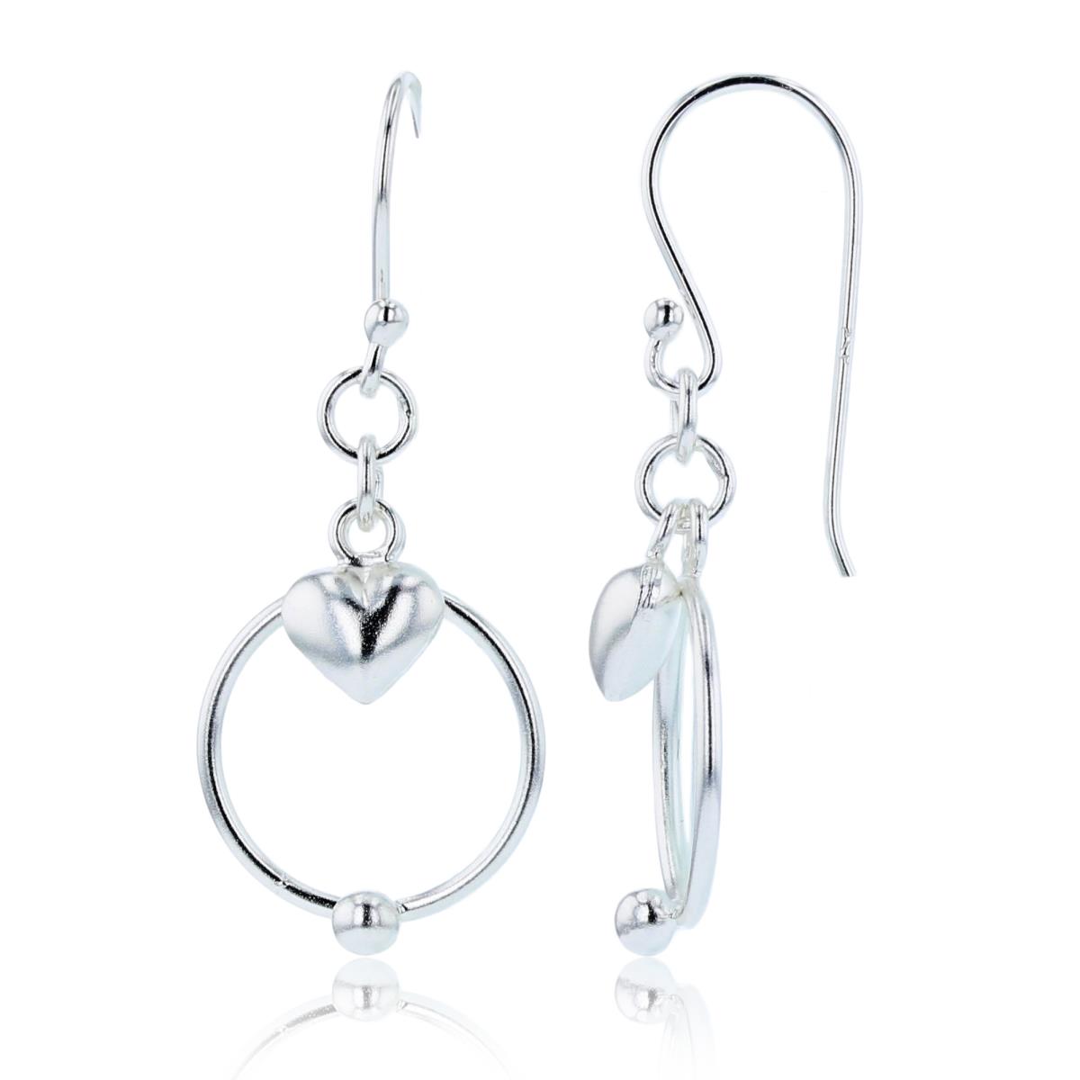 Sterling Silver Plated Open Circle with Bead & Puffy Heart Dangling Earrings