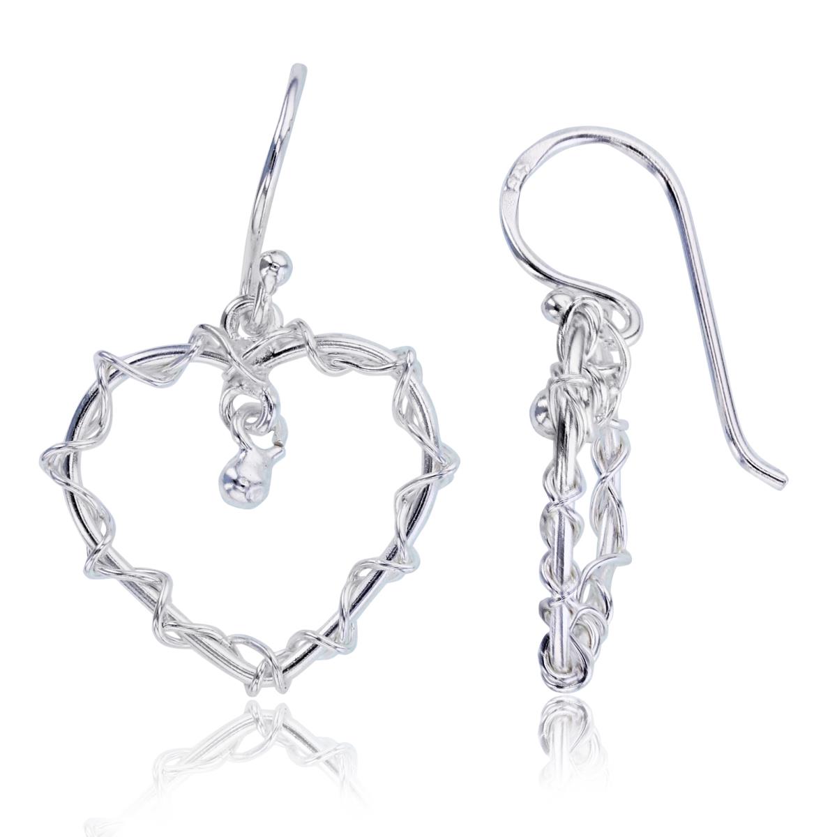 Sterling Silver Plated Roped Heart with Bead Dangling Earrings
