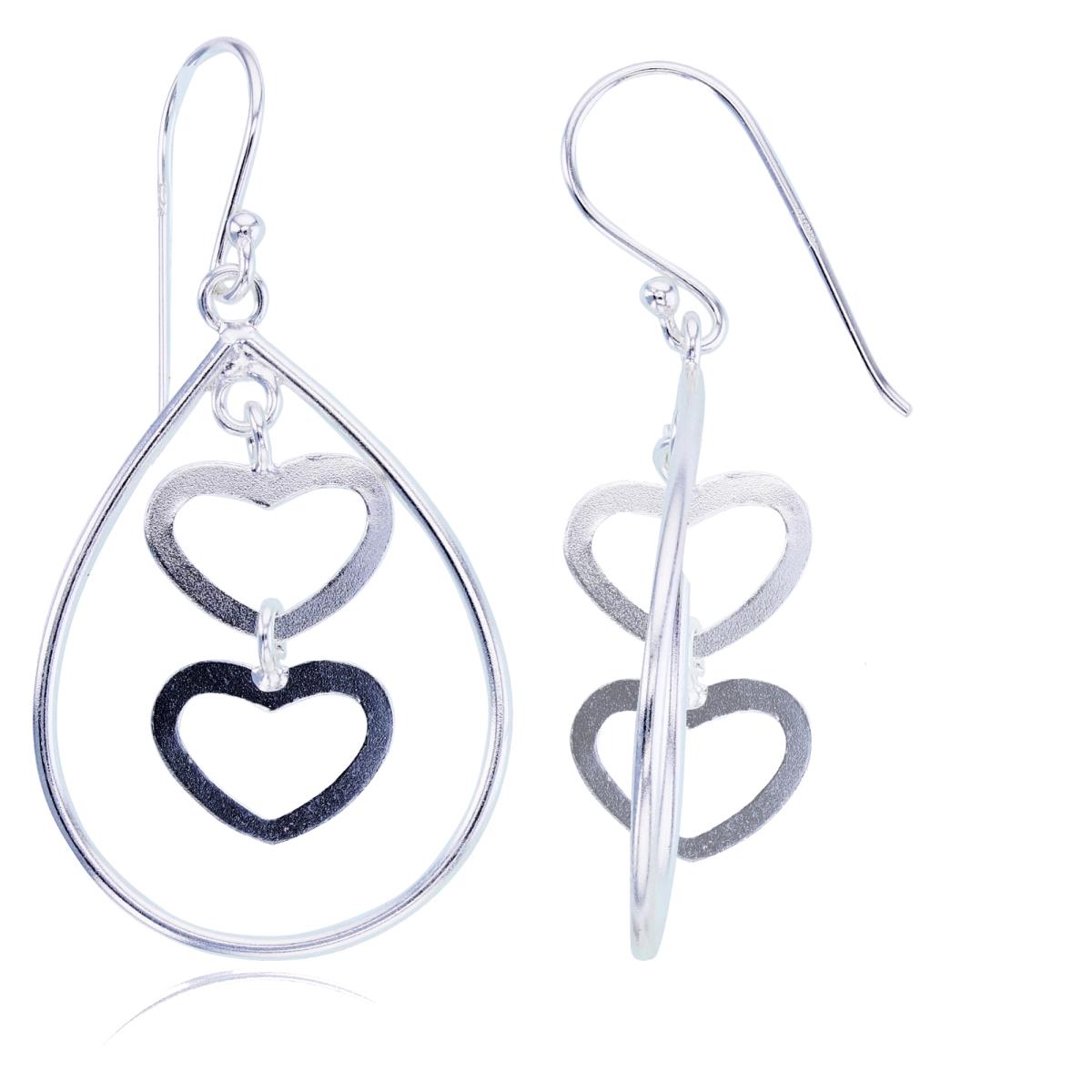 Sterling Silver Plated Open PS-shape with Double Hearts Dangling Earrings