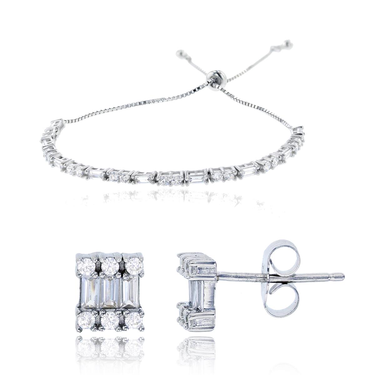 Sterling Silver Rhodium Alt Rd & Bgt CZ Adj Bracelet & 6x6mm Micropave Rd Cut & Bgt Stud Earring Set