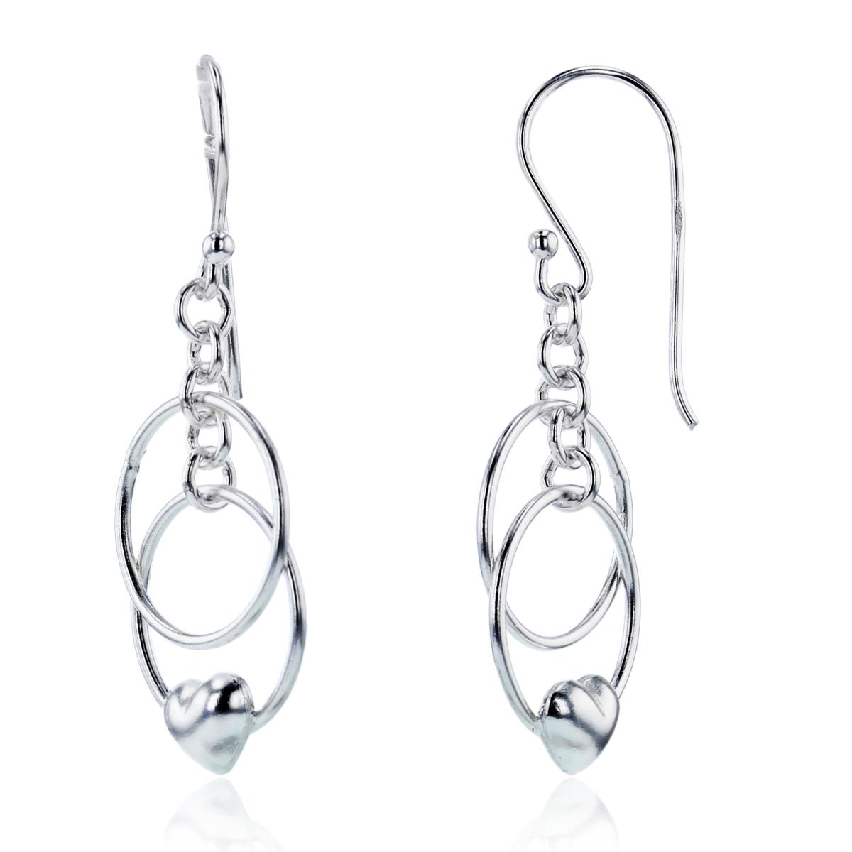 Sterling Silver Plated Linked Circles with Puffy Heart Dangling Earrings