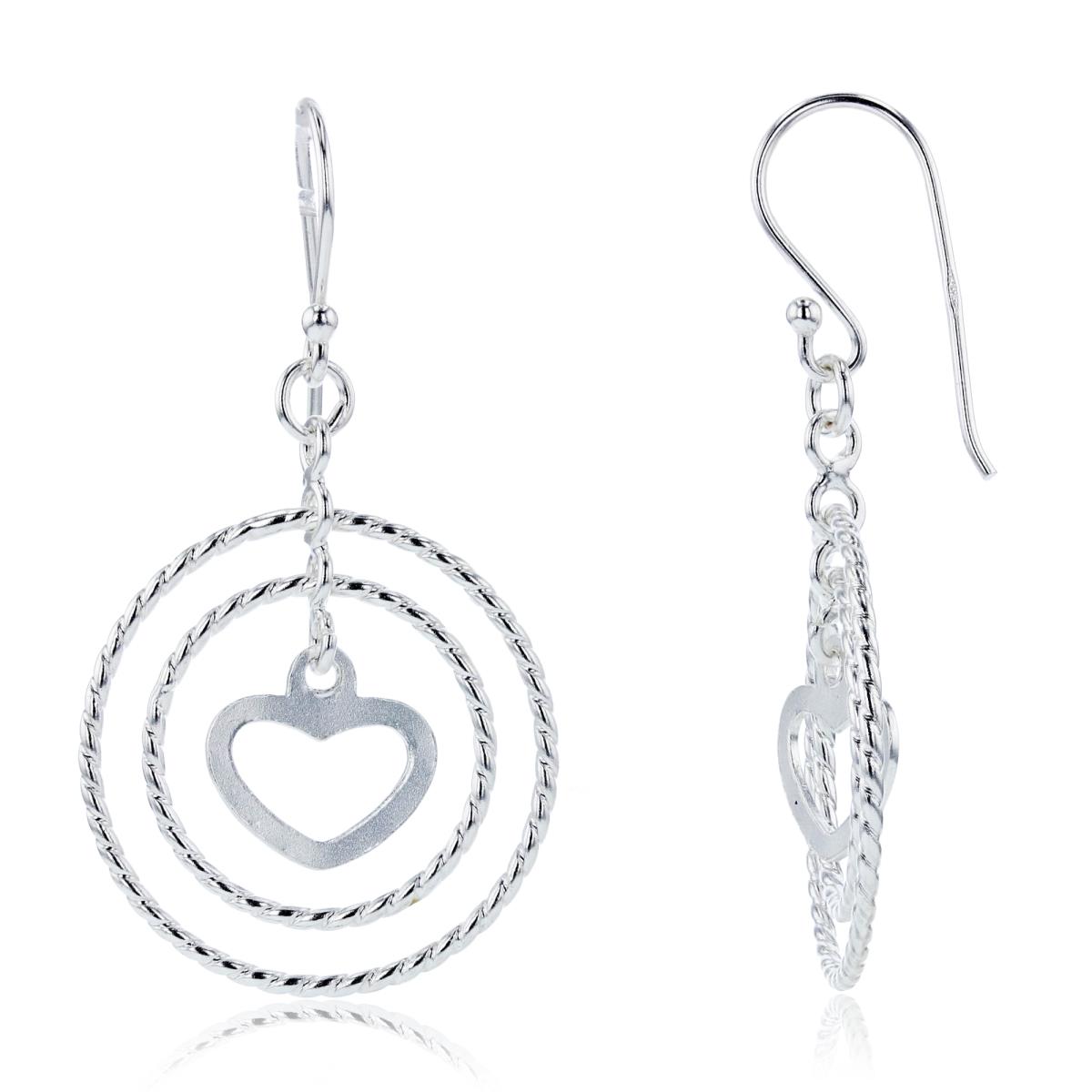 Sterling Silver Plated DC Open Big/Small Circles with Heart Dangling Earrings