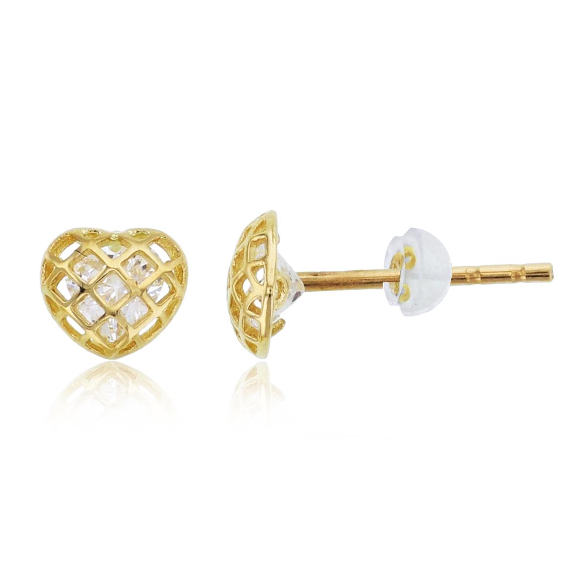 14K Yellow Gold 4mm Heart CZ Caged Stud Earring with Silicone Back