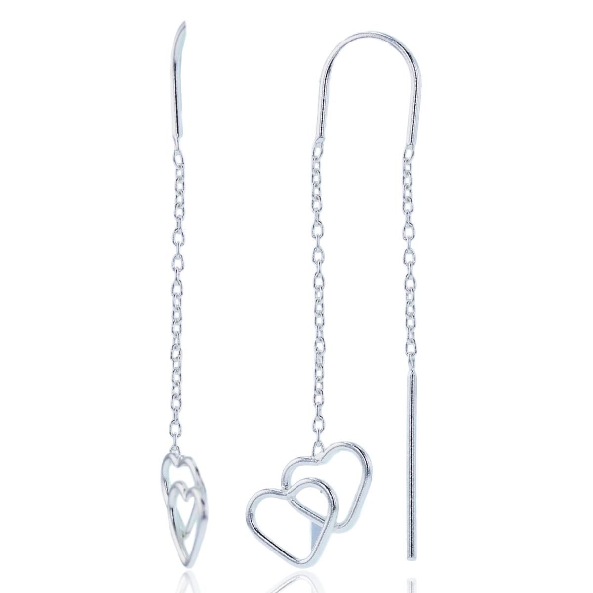 Sterling Silver Plated Double Open Hearts on Chain/Threader Dangling Earrings