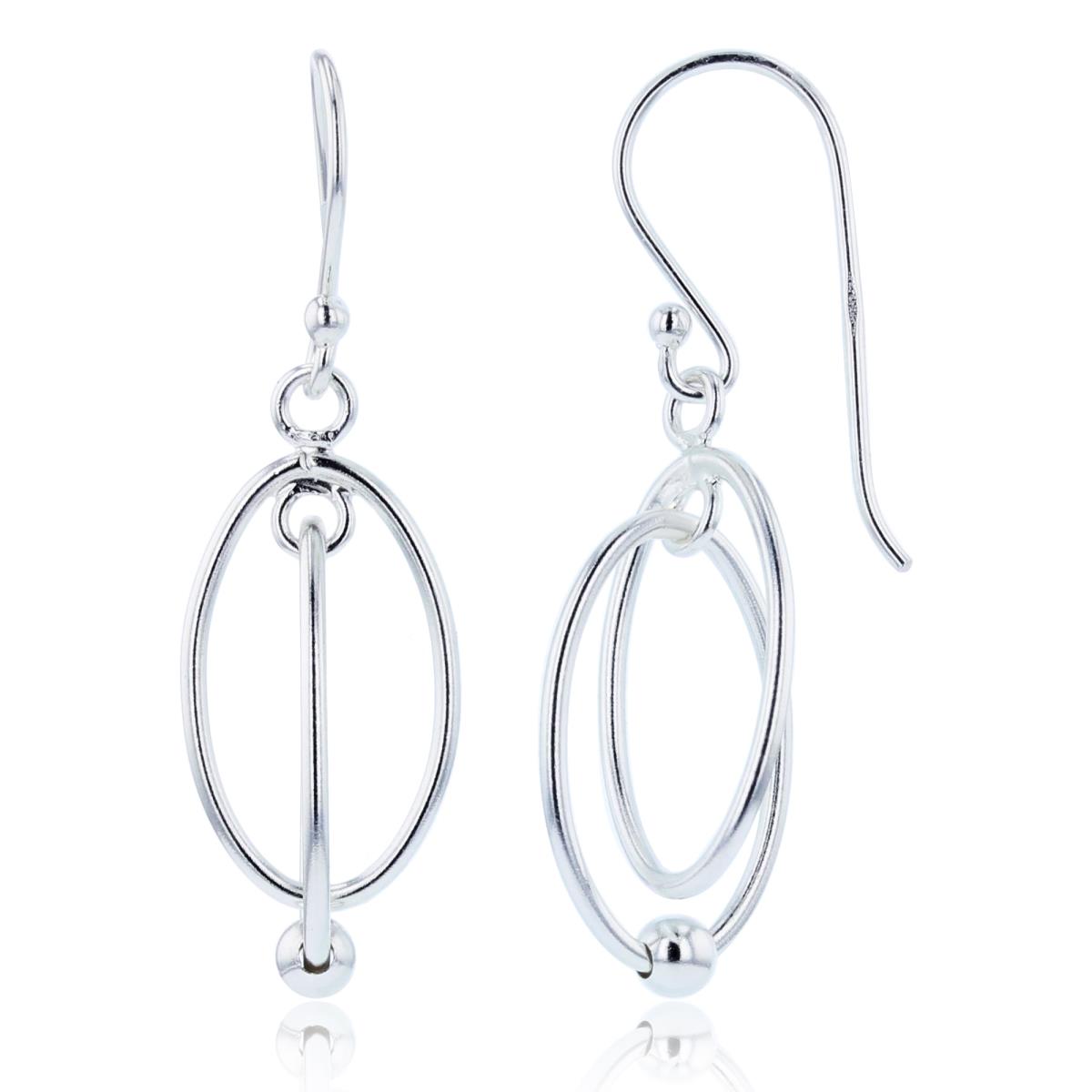 Sterling Silver Plated Double Open Ovals with Bead Dangling Earrings