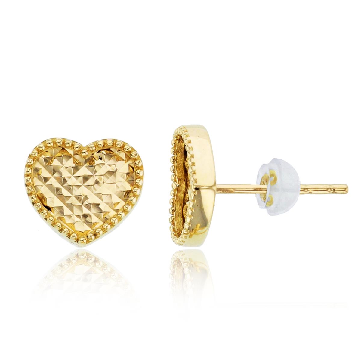 14K Yellow Gold Diamond Cut Heart Stud Earring with Silicone Back