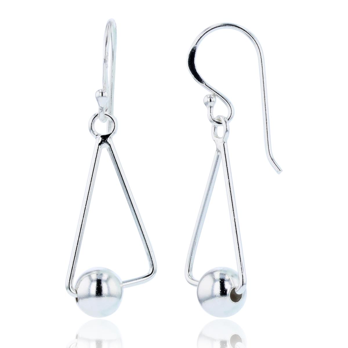 Sterling Silver Plated Open Triangle with 6mm Movable Ball Dangling Earrings