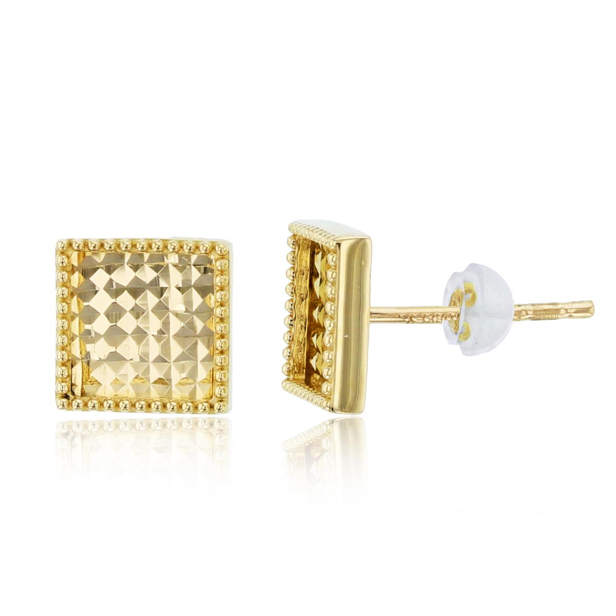 14K Yellow Gold Diamond Cut Square Stud Earring with Silicone Back