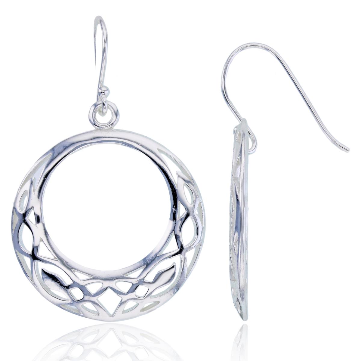 Sterling Silver Plated High Polish Open Flat Ornament Circle Dangling Earrings