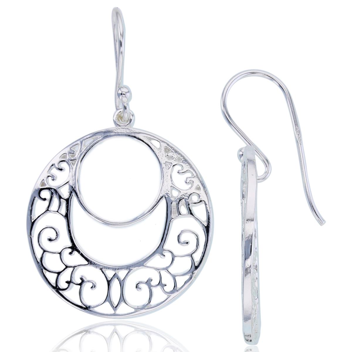 Sterling Silver Plated High Polish Open Flat Ornament Circle Dangling Earrings