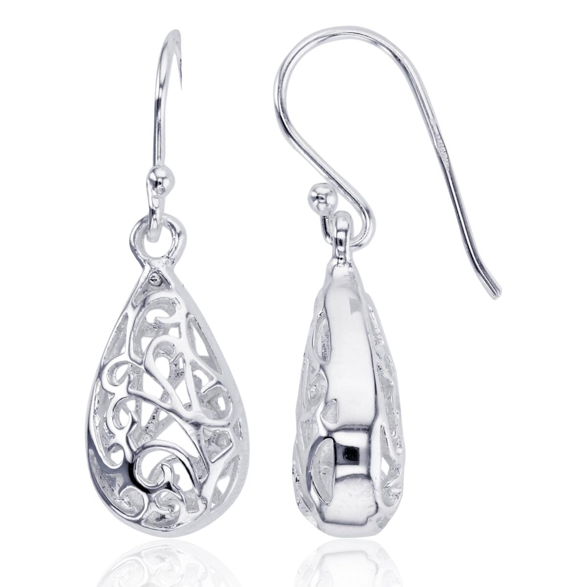 Sterling Silver Plated High Polish Double Side Ornament PS-Drop Dangling Earrings