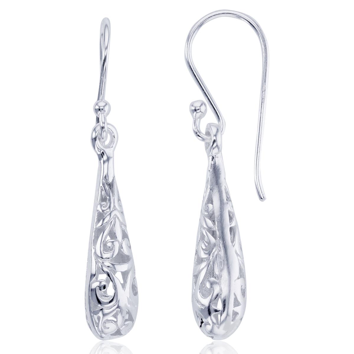 Sterling Silver Plated High Polish Double Side Ornament PS-Drop Dangling Earrings