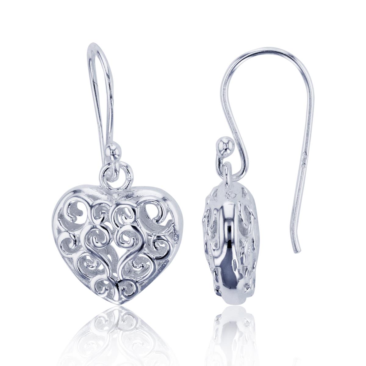 Sterling Silver Plated Double Side Puffy Ornament Heart Dangling Earrings