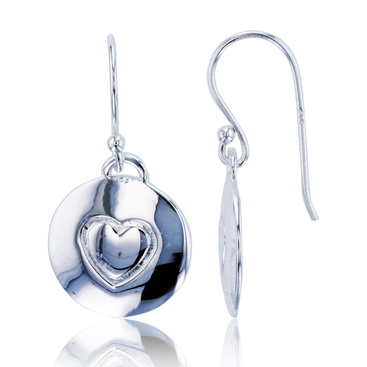 Sterling Silver Plated Textured Heart in High Polish Circle Dangling Earrings