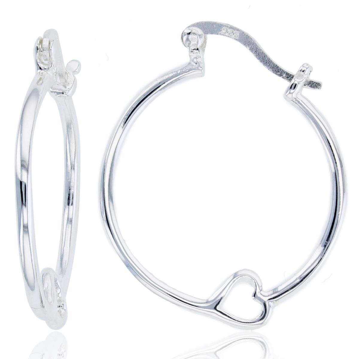 Sterling Silver Plated Tubing 30x1.5mm Hoop Earrings with Heart