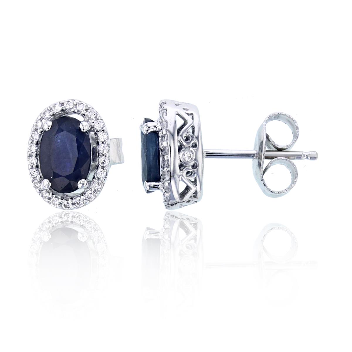 14K White Gold Rnd CZ (0.16cttw Diam) & 6x4mm Ov Sapphire Halo Studs