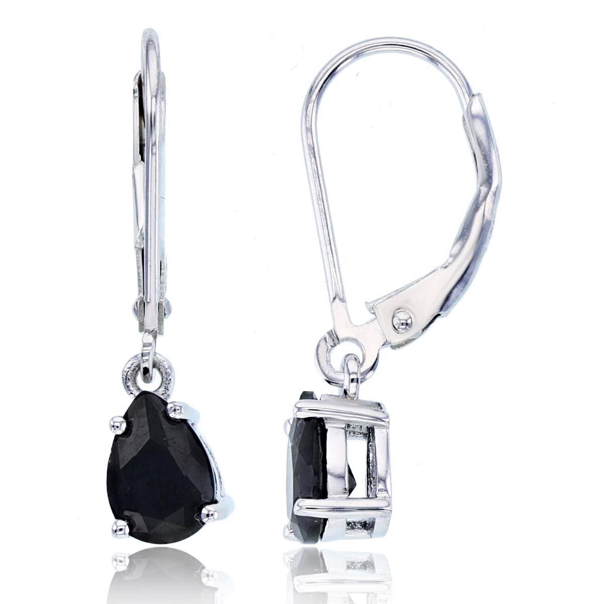 Sterling Silver Rhodium 7x5mm Pear Cut Black Spinel Leverback Earring