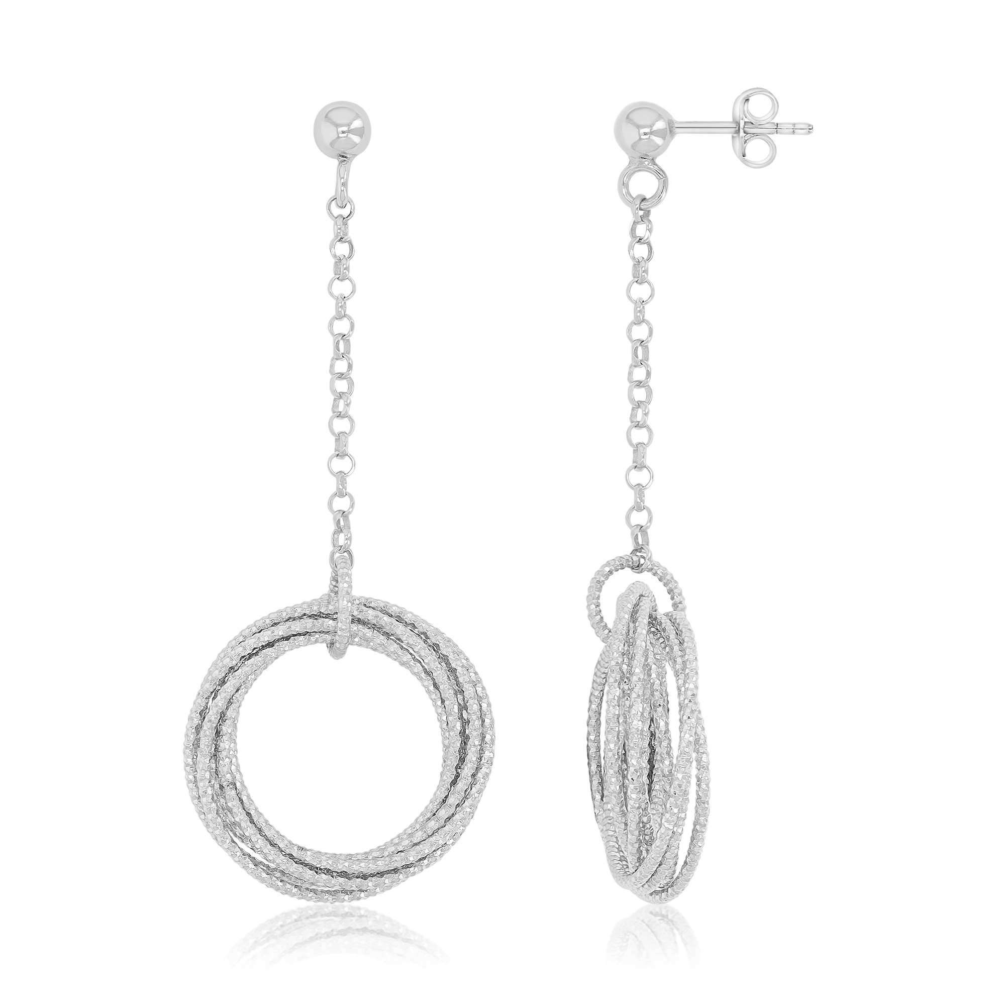 Sterling Silver Rhodium DC Multiple Circles Dangling on Spool Chain Earrings
