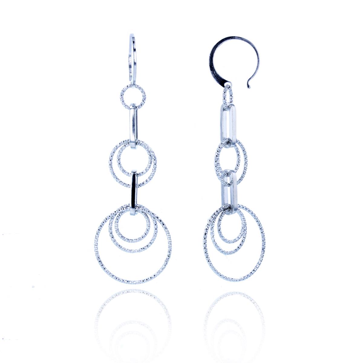 Sterling Silver Rhodium DC Linked Big/Small Circles Dangling Earrings on Hook