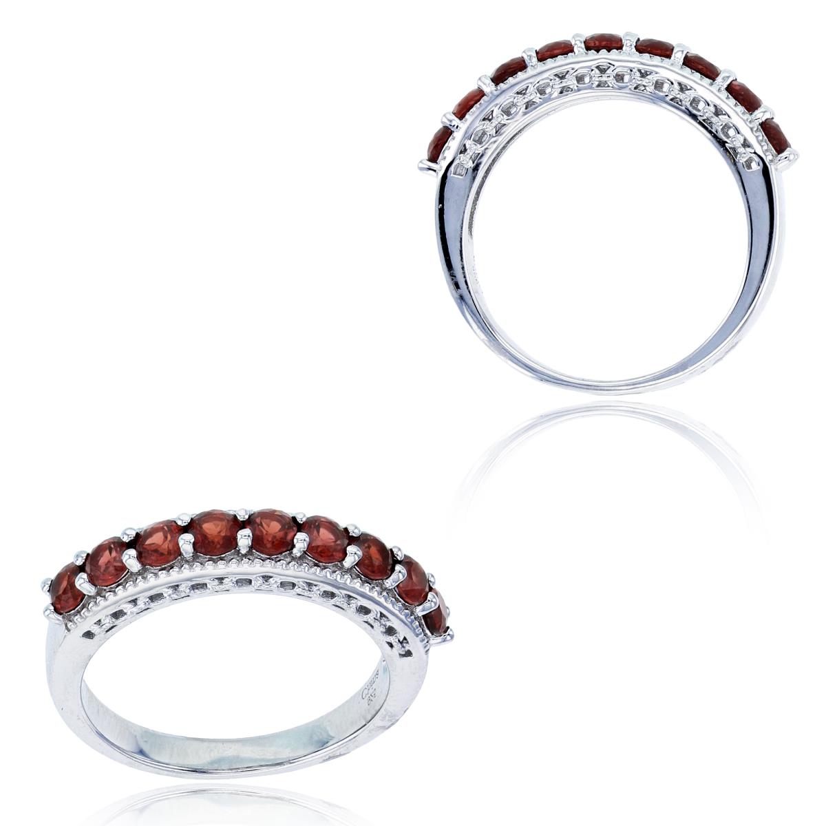 Sterling Silver Rhodium 3mm Rd Red Garnet Milgrain Fashion Ring
