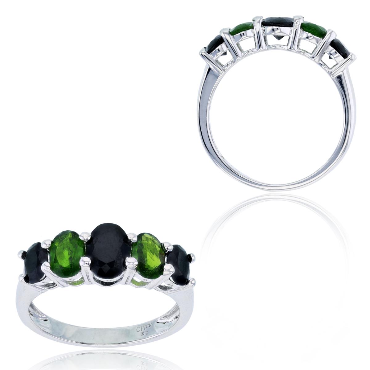 Sterling Silver Rhodium Graduated Oval Black Spinel/Chrome Diopside Fashion Ring