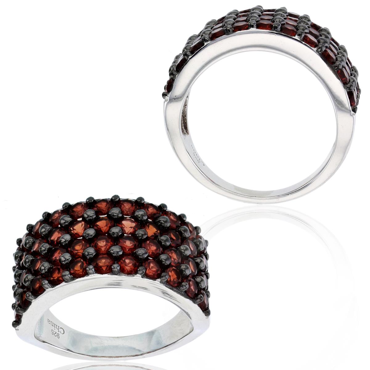 Sterling Silver Black & Rhodium 2.5mm Rd Red Garnet 4-Row Fashion Ring