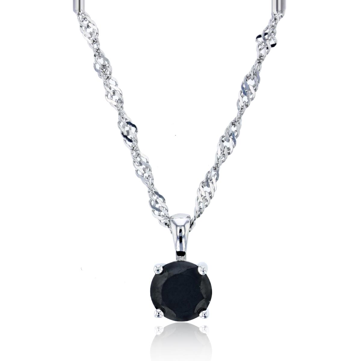 Sterling Silver Rhodium 6mm Rd Black Spinel Solitaire 18"+2" Singapore Chain Necklace