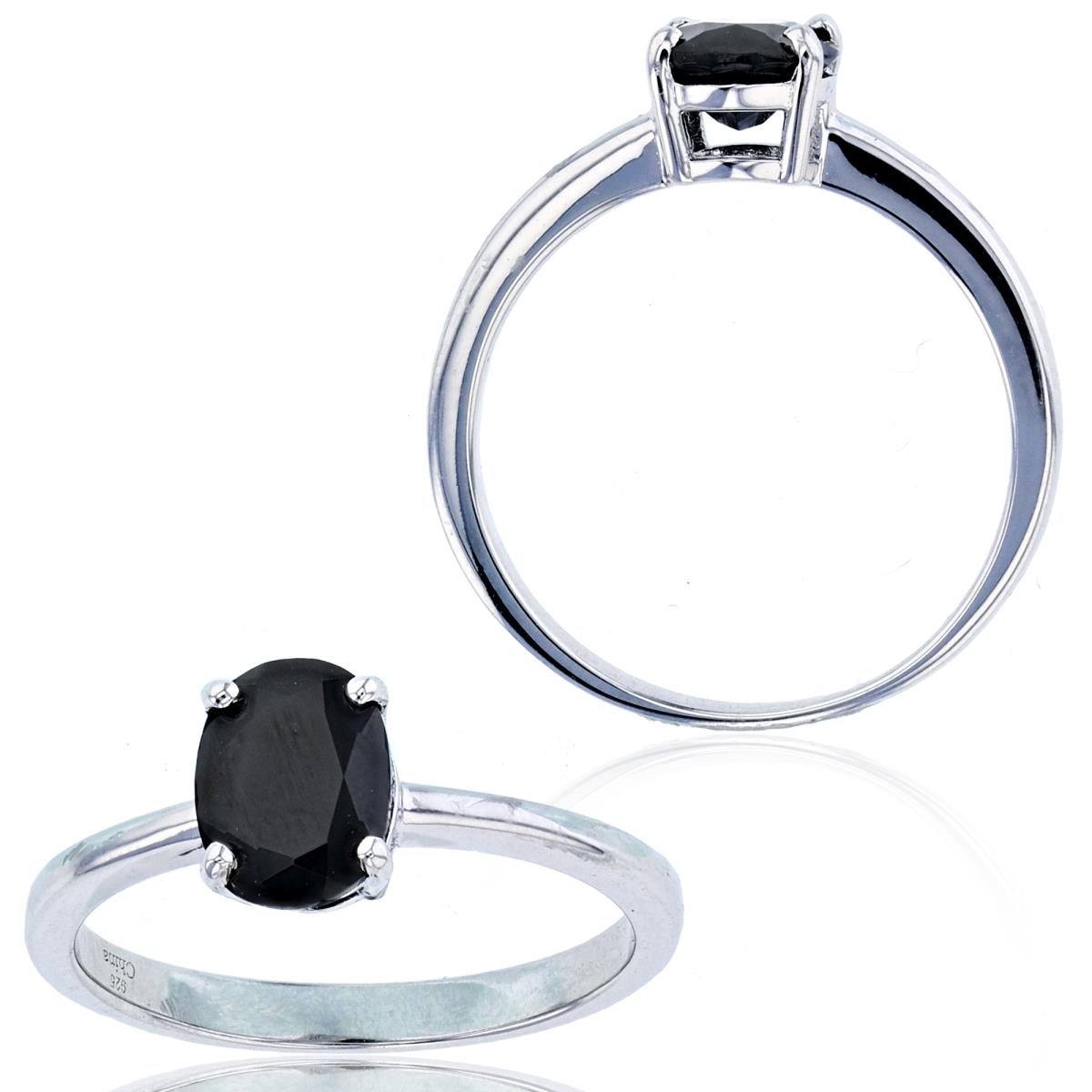 Sterling Silver Rhodium 8x6mm Oval Black Spinel Solitaire Ring