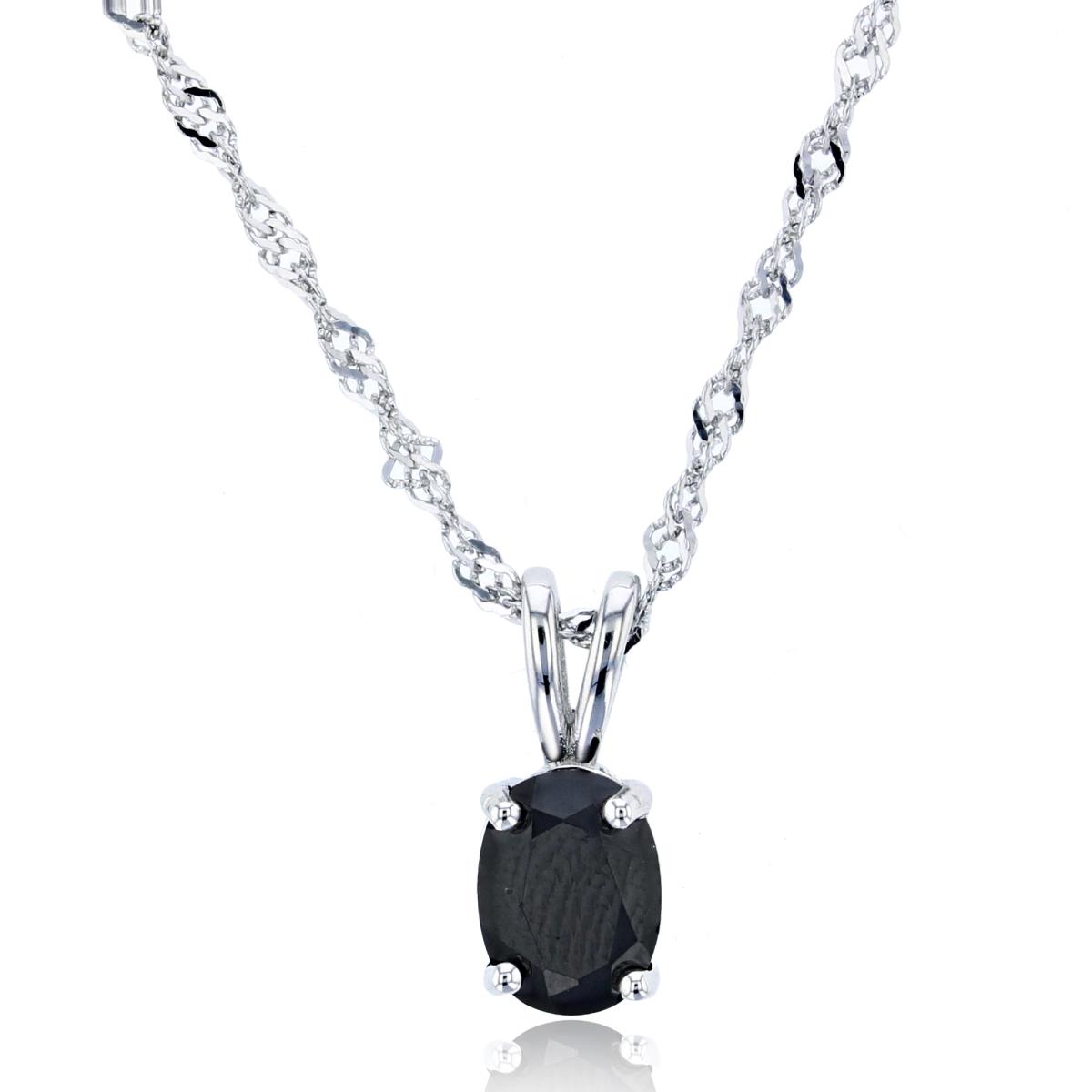 Sterling Silver Rhodium 8x6mm Oval Black Spinel Solitaire 18"+2" Singapore Chain Necklace