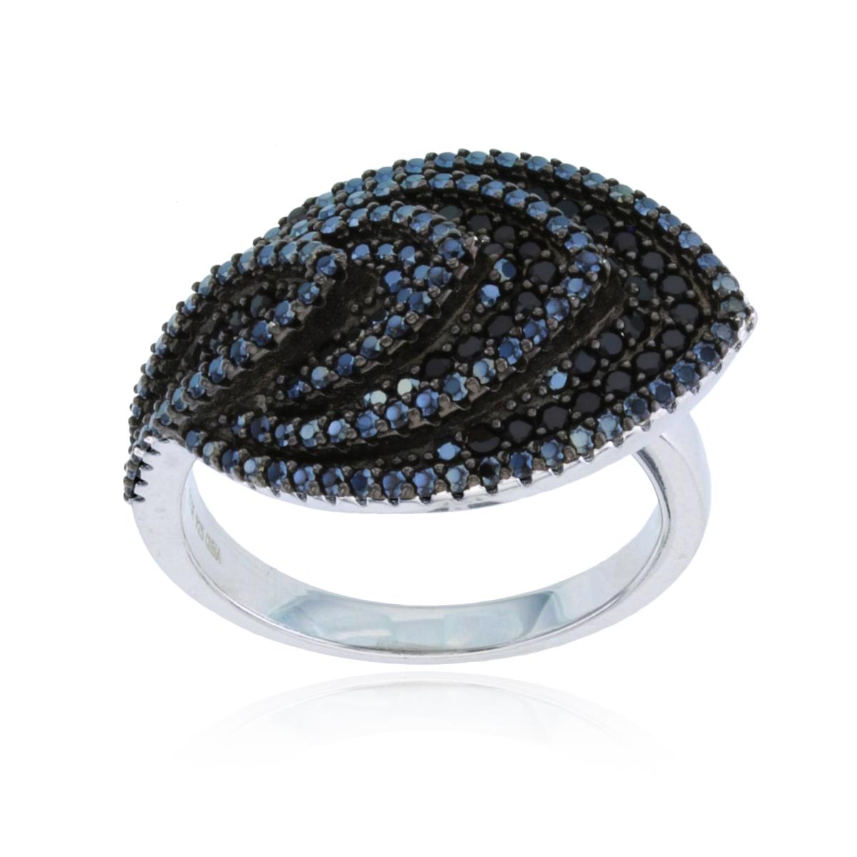Sterling Silver Rhodium Micropave Black Spinel Leaf Fashion Ring