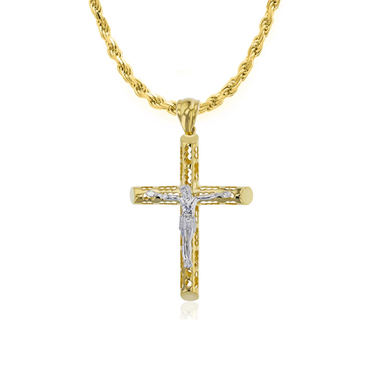 14K Yellow & White Gold 45x28MM Cut Out Tube Cross 24" 021 Rope Chain Necklace